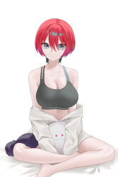 1girl absurdres amate_yuzuriha aqua_eyes beanie bed_sheet blush breasts brown_sports_bra cleavage closed_mouth collarbone commentary_request gfpebs gundam gundam_gquuuuuux hair_between_eyes haro hat highres indian_style large_breasts legs looking_at_viewer off_shoulder red_hair shirt short_hair simple_background sitting sports_bra unworn_hat unworn_headwear white_background white_shirt