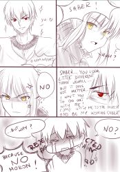 1boy 1girl anger_vein artoria_pendragon_(fate) chibi comic english_text fate/stay_night fate_(series) gilgamesh_(fate) jewelry monochrome necklace official_alternate_costume partially_colored red_eyes rejection saber_(fate) saber_alter saber_alter_(gothic_lolita) sparkle tusia yellow_eyes