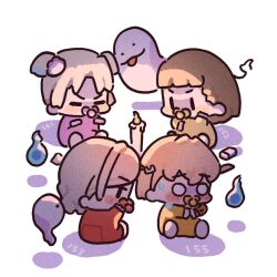 Rule 34 | 4girls, aged down, baby, blush, brown hair, ceras yanagida lilienfeld, commentary request, flower, ghost, grey hair, hair flower, hair ornament, height, hinoshita kaho, hitodama, kachimachi kosuzu, link! like! love live!, looking at another, love live!, mouth hold, multiple girls, o o, onene, osawa rurino, pacifier, pink flower, scared, short hair, short twintails, side ahoge, simple background, sunkeun, sweat, twintails, virtual youtuber, white background