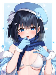 Rule 34 | 1girl, bare shoulders, beret, bikini, bikini under clothes, black hair, blue background, blue eyes, blue hat, blue jacket, blue scarf, blush, border, bow, breasts, butterfly hair ornament, commentary request, fringe trim, fur-trimmed jacket, fur-trimmed sleeves, fur trim, hair between eyes, hair ornament, hat, hat bow, highres, jacket, komori kuzuyu, medium breasts, off shoulder, open clothes, open jacket, open mouth, original, rivier (kuzuyu), scarf, solo, swimsuit, upper body, white bikini, white border, white bow