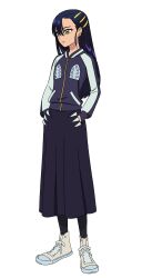 1girl black_hair black_leggings blue_jacket blue_skirt full_body gundam gundam_gquuuuuux hair_ornament hairclip hands_in_pockets highres jacket leggings long_hair long_skirt looking_to_the_side nyaan_(gundam_gquuuuuux) official_art shoes simple_background skirt sneakers solo standing transparent_background white_shoes white_sleeves yellow_eyes