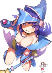 2girls :d absurdres aijou_karen arm_up armpit_crease bare_shoulders blue_dress blue_footwear blue_headwear blunt_bangs blunt_ends boots breasts bright_pupils brown_eyes brown_hair cleavage collarbone commentary_request cosplay crown_hair_ornament dark_magician_girl dark_magician_girl_(cosplay) downblouse dress floating_hair full_body goe_(g-o-e) gym_uniform hair_ornament hand_on_headwear hands_up hat highres holding holding_wand jacket jacket_on_shoulders jewelry large_breasts light_blush long_hair looking_at_viewer multiple_girls neck_ring off-shoulder_dress off_shoulder open_mouth outstretched_arm parted_lips purple_eyes purple_hair red_shorts shade shirt short_hair short_sleeves shorts shoujo_kageki_revue_starlight sidelocks simple_background smile standing tsuyuzaki_mahiru two_side_up v-shaped_eyebrows vambraces wand wavy_mouth white_background white_jacket white_shirt wizard_hat yu-gi-oh!