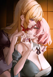 Rule 34 | 2girls, aqua kimono, black dress, blonde hair, blush, breasts, cleavage, closed mouth, commentary, dress, fingernails, hat iue, highres, huge breasts, indoors, japanese clothes, kimono, long hair, medium hair, multiple girls, nail polish, neck ribbon, pink eyes, pink hair, pink nails, purple eyes, red ribbon, ribbon, saigyouji yuyuko, sliding doors, smile, touhou, twitter username, yakumo yukari, yuri