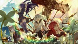Rule 34 | 5girls, benghuai xueyuan, blue eyes, bronya zaychik, brown eyes, brown hair, cici, flower, grass, honkai (series), kiana kaslana, logo, looking at viewer, multiple girls, murata himeko, official art, on ground, raiden mei, red hair, shirt, sky, theresa apocalypse, white hair, white shirt
