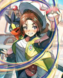 1girl alien_ashi artist_name blue_pants brown_eyes brown_hair dated facing_viewer gen_5_pokemon green_jacket harmony_(pokemon) hat highres holding holding_poke_ball jacket looking_to_the_side nintendo on_shoulder open_clothes open_jacket pants poke_ball poke_ball_(basic) pokemon pokemon_(creature) pokemon_legends:_z-a pokemon_on_shoulder shirt smile teeth tepig white_hat white_shirt