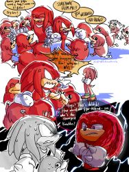 Rule 34 | anger vein, arm wrap, blush, crossed arms, gloves, highres, in-franchise crossover, knuckles the echidna, meme, multiple persona, open mouth, red eyes, smile, sonic (live action), sonic (series), sonic boom (series), sweat, twitter username, ugandan knuckles, white gloves, wildnootrak