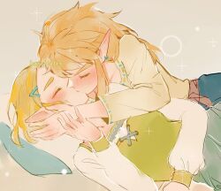 1boy 1girl artist_name blonde_hair blush breasts closed_eyes earrings green_shirt grey_background grey_shirt hair_ornament hairclip hazeleafyy heavy_breathing holding_hands jewelry link medium_breasts nintendo pointy_ears princess_zelda shirt shirt_under_shirt sidelocks the_legend_of_zelda the_legend_of_zelda:_breath_of_the_wild upper_body white_shirt