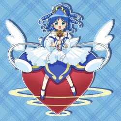 1girl :d absurdres aqua_eyes back_bow bare_shoulders blue_background blue_dress blue_hair blue_shoes blue_wrist_cuffs blush bow chaimaou choker commentary detached_sleeves dot_nose dress dress_ribbon earrings english_commentary frilled_dress frilled_sleeves frills full_body fushigiboshi_no_futago_hime fushigiboshi_no_futago_hime_gyu gold_choker gold_tiara gown hair_ornament happy heart heart_wand highres holding holding_wand jewelry long_hair looking_at_viewer magical_girl mary_janes open_mouth pantyhose plaid_background rein_(futagohime) rein_(universal_princess)_(futagohime) ribbon ringlets shoes sitting smile solo star_(symbol) star_earrings star_hair_ornament tiara wand white_bow white_pantyhose white_ribbon wide_sleeves wrist_cuffs