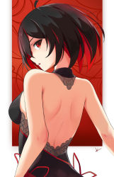 back black_dress black_hair dress halter_dress halterneck highres honkai_(series) honkai_impact_3rd kaviten knot lace lace-trimmed_dress lace_trim looking_back multicolored_hair red_hair seele_(alter_ego) seele_vollerei seele_vollerei_(mirrored_flourishes) seele_vollerei_(stygian_nymph) streaked_hair