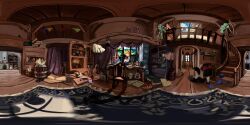 103anon 360_panorama 5girls alice_margatroid artist_name barrel basket bed black_hair blonde_hair bloomers blue_bow blue_dress blue_eyes book book_stack bookshelf boots bow broom candle capelet carpet cauldron ceiling chair closed_mouth commentary_request desk dress fireplace globe grimoire_of_alice guitar hair_bow hairband hat highres holding holding_book in_container in_jar indoors inkwell instrument jar kamishirasawa_keine kamishirasawa_keine_(hakutaku) kitchen lantern living_room looking_at_viewer luna_child map mima_(touhou) multiple_girls mushroom open_mouth orange_hair orb painting_(object) panorama panties pitcher_(container) plant point_item_(touhou) portrait_(object) power_item_(touhou) pumpkin quill red_hairband reiuji_utsuho reiuji_utsuho_(bird) sack shelf short_hair shovel skull stairs star_sapphire sukuna_shinmyoumaru sukusuku_hakutaku sunny_milk tanuki touhou toy_car underwear unworn_bloomers white_bloomers white_capelet wide_shot witch_hat wooden_ceiling wooden_floor yin_yang yin_yang_orb