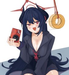1girl black_hair blue_archive blush breasts camera chiaki_(blue_archive) cleavage coin coin_on_string halo heart heart-shaped_pupils highres holding holding_camera horns hypnosis looking_at_viewer mind_control open_mouth red_eyes saliva sitting solo stray_hair symbol-shaped_pupils wwtkgg