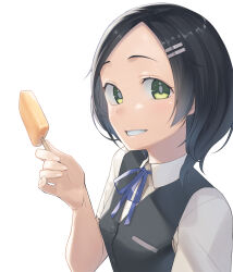 Rule 34 | 1girl, black hair, black vest, blue ribbon, collared shirt, commentary request, food, green eyes, hair ornament, hairclip, heibonkaeru, highres, holding, holding food, holding popsicle, kantai collection, kuroshio (kancolle), looking at viewer, neck ribbon, popsicle, ribbon, school uniform, shirt, short hair, short sleeves, simple background, solo, upper body, vest, white background, white shirt