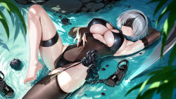 1girl 2b_(nier:automata) 2b_(yorha_unofficial_waterfront_gear)_(nikke) arm_up armpits black_bridal_gauntlets black_flower black_hairband black_one-piece_swimsuit black_rose black_sandals black_thighhighs blindfold blurry breasts bridal_gauntlets chinese_commentary cleavage commentary_request covered_navel depth_of_field flower goddess_of_victory:_nikke grey_hair hairband highres knee_up large_breasts lying lying_on_water meion nier:automata nier_(series) official_alternate_costume on_back on_ground one-piece_swimsuit outdoors pelvic_curtain rose sandals see-through_clothes see-through_pelvic_curtain short_hair single_bare_foot single_thighhigh skindentation soles solo swimsuit thigh_strap thighhighs thighs toes underboob unworn_sandals wet