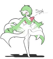 1girl blush breasts closed_eyes colored_skin dress gardevoir gen_3_pokemon green_hair green_skin highres multicolored_skin nintendo pokemon pokemon_(creature) simple_background tod_d two-tone_skin white_background white_dress white_skin