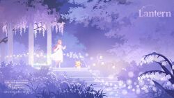 1girl anniversary bare_legs bug cat cherry_blossoms commentary dated dress english_commentary english_text firefly flower grass holding infinity_nikki insect long_hair miracle_nikki momo_(nikki) night nikki_(nikki) nikki_(series) official_art open_mouth outdoors pillar pink_hair ribbon shining_nikki stairs tree white_cat white_dress yellow_cloak