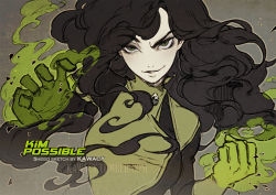 1girl artist_name black_hair character_name copyright_name fire floating_hair glint green_eyes green_fire hands_up kawacy kim_possible_(series) long_hair looking_at_viewer pale_skin parted_lips shego smile solo upper_body watermark web_address