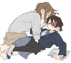 2girls black_jacket black_pantyhose blue_skirt blush brown_eyes brown_hair character_request dayama flat_color girl_on_top glasses grey_shirt highres hirasawa_yui jacket k-on! lying multiple_girls on_back pantyhose shirt simple_background skirt white_background yuri