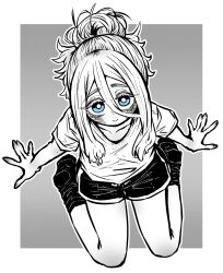 1boy 1girl black_shorts black_socks blue_eyes child greyscale_with_colored_eyes gym_shirt gym_shorts hair_bun highres kneeling limited_palette long_hair looking_at_viewer on_ground rosario_kirishima shirt shorts socks solo white_shirt yakunitatsu_node_chi_o_kudasai zyugoya
