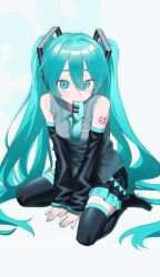 1girl aqua_eyes aqua_hair aqua_nails between_legs black_boots black_skirt black_thighhighs boots breasts collared_shirt detached_sleeves full_body grey_shirt hand_between_legs hatsune_miku highres long_hair looking_at_viewer medium_breasts meimu428 mouth_hold necktie necktie_in_mouth shirt simple_background sitting skirt sleeveless sleeveless_shirt solo thigh_boots thighhighs twintails very_long_hair vocaloid