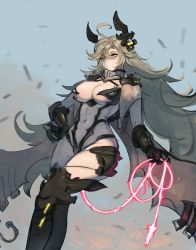 1girl absurdres ahoge armor bad_id bad_pixiv_id bikini_armor blonde_hair boots breasts brown_eyes energy_whip faucre_the_evil_overlord female_focus gomchimaen highres holding holding_whip huge_filesize large_breasts last_origin navel pauldrons shoulder_armor shoulder_spikes solo spikes string_bra thigh_boots thighhighs