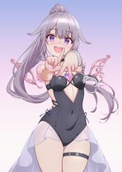 1girl :d absurdres bare_arms bare_shoulders black_collar black_one-piece_swimsuit breasts chest_jewel collar commentary covered_navel cowboy_shot cuffs detached_wings english_commentary gradient_background grey_hair handcuffs highres hololive hololive_english holonatsu_paradise jewel_under_eye koseki_bijou koseki_bijou_(holonatsu_paradise) light_blush long_hair looking_at_viewer metal_wings nail_polish o-ring_collar official_alternate_costume official_alternate_hairstyle one-piece_swimsuit open_mouth p-nekoe pink_nails ponytail purple_background purple_eyes small_breasts smile solo swimsuit teeth thigh_gap thigh_strap upper_teeth_only v very_long_hair virtual_youtuber white_background wings