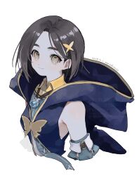 1girl absurdres blue_hood brown_eyes brown_hair closed_mouth commentary_request dated detached_sleeves highres looking_at_viewer nancykittyu rinwell_(tales) short_hair simple_background smile solo tales_of_(series) tales_of_arise watermark white_background