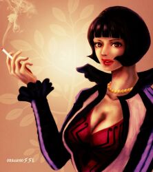 Rule 34 | 1girl, black hair, blunt bangs, bob cut, cigarette, commentary request, eyelashes, holding, holding cigarette, jewelry, long sleeves, necklace, one piece, oregano551, parted lips, pearl necklace, red lips, shakuyaku (one piece), smoke, solo, twitter username, upper body