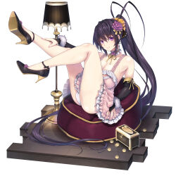 Rule 34 | 1girl, black hair, blush, bow, breasts, cleavage, collar, detached collar, dress, elbow gloves, flower, frilled collar, frilled dress, frills, gloves, hair flower, hair ornament, hand on own leg, high heels, high school dxd, highres, himejima akeno, large breasts, legs, legs up, long hair, looking at viewer, miyama-zero, panties, pantyshot, pink dress, ponytail, purple eyes, ribbon, simple background, sitting, sleeveless, sleeveless dress, smile, solo, underwear, very long hair, white panties, yellow bow