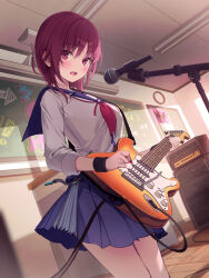 1girl :d angel_beats! chalkboard cowboy_shot grey_shirt guitar highres indoors instrument iwasawa_masami microphone miniskirt neckerchief open_mouth pink_neckerchief rangu red_eyes red_hair school_uniform serafuku shinda_sekai_sensen_uniform shirt short_hair skirt sleeves_rolled_up smile solo