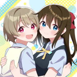 2girls :d black_jacket blue_eyes blue_shirt blush bow brown_hair closed_mouth collared_shirt hair_between_eyes hair_bow highres hug jacket long_hair looking_at_viewer love_live! love_live!_nijigasaki_high_school_idol_club multiple_girls nakasu_kasumi neck_ribbon nijigasaki_school_uniform open_mouth osaka_shizuku red_bow red_eyes ribbon school_uniform shirt short_hair short_sleeves sidelocks smile summer_uniform sweater_vest yatogame765