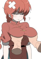 1girl bandaid bandaid_on_head breasts closed_eyes defeat grabbing_another&#039;s_breast groping henyaan_(oreizm) highres jacket large_breasts pov pov_hands ranma-chan ranma_1/2 red_hair red_jacket simple_background white_background