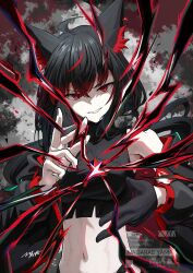 Rule 34 | 1girl, absurdres, ahoge, animal ears, bare shoulders, black gloves, black hair, black tank top, braided sidelock, colored inner animal ears, colored tips, crop top, energy, fox ears, gloves, grin, hair between eyes, highres, hololive, kurokami fubuki, long hair, long sleeves, looking at viewer, midriff, multicolored hair, nagae yama, navel, off shoulder, red eyes, red hair, red streaks, signature, single glove, smile, solo, stomach, streaked hair, tank top, two-tone hair, upper body, virtual youtuber, watermark