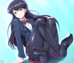 Rule 34 | 1girl, arm support, artist logo, black eyes, black hair, black jacket, black pantyhose, blazer, blue background, bow, bowtie, closed mouth, collared shirt, commentary request, crossed legs, diagonal-striped bow, diagonal-striped bowtie, diagonal-striped clothes, hand on own knee, highres, itan private high school uniform, jacket, knees up, komi-san wa komyushou desu, komi shouko, logo, long hair, long sleeves, looking at viewer, no shoes, pantyhose, pleated skirt, red bow, red bowtie, red skirt, samenoido, school uniform, shirt, sitting, skirt, solo, striped clothes, white shirt