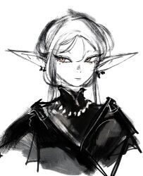 1girl absurdres earrings elf greyscale hair_between_eyes highres jewelry maha883maha monochrome original pointy_ears simple_background sketch solo upper_body white_background yellow_eyes