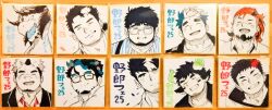 6+boys akiha_gongen_(housamo) animal_ears bara blush boogeyman_(housamo) character_request closed_mouth cow_boy cow_ears cow_horns facial_hair facing_viewer fiery_horns furry furry_male glasses glowing_horns goatee goatee_stubble grin hatching_(texture) highres hippolytus_(housamo) horns laughing lilac_(live_a_hero) live_a_hero looking_at_viewer male_focus mature_male mononobe_kyoma multicolored_hair multiple_boys multiple_shikishi mustache_stubble open_mouth osu_(osumankokuou) photo_(medium) santetsu_(live_a_hero) shikishi shirt short_hair sideburns_stubble single_horn smile smirk spot_color streaked_hair stubble thick_eyebrows tokyo_houkago_summoners translation_request upper_body wakan_tanka