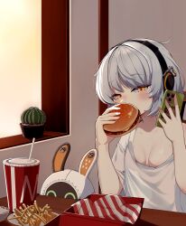 1girl absurdres anby_demara blush breasts burger eating eous_(zenless_zone_zero) food headphones highres holding holding_burger holding_food holding_phone indoors medium_breasts orange_eyes phone seyeomkr shirt short_hair upper_body white_hair white_shirt zenless_zone_zero