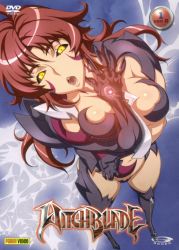 Rule 34 | 00s, 1girl, amaha masane, armor, bikini armor, black sclera, blade, bodysuit, breasts, claws, cleavage, colored sclera, female focus, headband, highres, huge breasts, large breasts, long hair, open mouth, piercing, red hair, solo, tongue piercing, very long hair, witchblade, yellow eyes