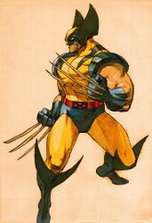Rule 34 | 1990s (style), 1boy, 2000, absurdres, arm hair, beard, bengus, bodysuit, capcom, claws, clenched hands, clenched teeth, facial hair, game cg, gloves, highres, male focus, marvel, marvel vs. capcom, marvel vs. capcom 2, mask, muscular, muscular male, non-web source, official art, pectorals, retro artstyle, scan, solo, superhero costume, teeth, weapon, wolverine (x-men), x-men