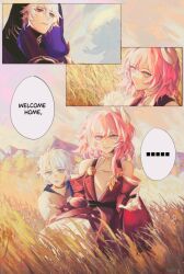 Rule 34 | 1girl, 2boys, absurdres, birdsofpasssage, black hood, blue eyes, chinese commentary, commentary request, cyrene (honkai: star rail), dress, english text, flame reaver of the deepest dark, highres, honkai: star rail, honkai (series), looking at another, mountainous horizon, multiple boys, outdoors, phainon (honkai: star rail), purple dress, speech bubble, spoilers, wheat field, white hair