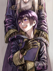 1boy 1girl :d black_gloves black_hair black_robe book breasts cleavage commentary_request female_robin_(fire_emblem) fire_emblem fire_emblem_awakening gloves hair_between_eyes hands_on_another&#039;s_shoulders holding holding_book hooded_robe hugging_book hugging_object long_sleeves male_focus male_morgan_(fire_emblem) mother_and_son nintendo open_mouth purple_eyes robe short_hair smile solo_focus standing t_misaomaru teeth tongue twintails upper_teeth_only white_hair