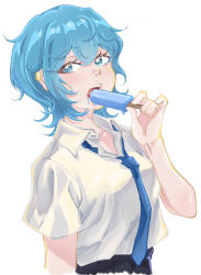 1girl asahina_yuni black_skirt blue_necktie collared_shirt food green_eyes green_hair hand_up highres holding holding_food holding_popsicle kyou_wa_kanojo_ga_inai_kara necktie pleated_skirt popsicle rorol_reime shirt short_sleeves simple_background skirt solo teeth tongue white_background white_shirt
