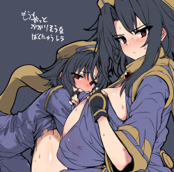 1girl bent_over black_background black_hair blue_dress blush breasts breasts_out brooch closed_mouth curtained_hair dress gem hands_on_own_chest hanging_breasts hat highres hirowa_nagi huge_breasts jewelry looking_at_viewer medium_hair multiple_views original red_brooch red_eyes red_gemstone short_sleeves simple_background sweat translation_request very_sweaty yellow_hat
