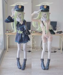 1girl bikini black_boots black_jacket black_skirt blue_archive blue_hat boots cellphone cosplay cosplay_photo dal_(aazsxx2) flat_chest gloves green_hair hat highres hikari_(blue_archive) holding holding_phone indoors jacket long_hair monitor multiple_views phone photo_(medium) pleated_skirt pointy_ears salute skirt smartphone standing swimsuit thighhighs white_bikini white_gloves white_thighhighs