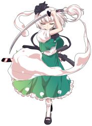 Rule 34 | 1girl, alphes (style), arm up, ascot, black ascot, black hairband, black ribbon, black shoes, bow hairband, closed eyes, closed mouth, commentary request, dairi, facing viewer, frilled skirt, frills, full body, green skirt, green vest, hair ribbon, hairband, hitodama print, holding, holding sheath, holding sword, holding weapon, katana, konpaku youmu, konpaku youmu (ghost), large variant set, long skirt, mary janes, parody, print skirt, puffy short sleeves, puffy sleeves, ribbon, scabbard, sheath, sheathed, shirt, shoes, short hair, short sleeves, simple background, skirt, socks, solo, standing, style parody, sword, tachi-e, touhou, transparent background, variant set, vest, weapon, white hair, white shirt, white socks