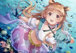 1girl air_bubble aqua_gloves blurry bracelet breasts brown_hair bubble cleavage commentary_request daydream_mermaid depth_of_field earrings fish gloves hair_ornament hairclip hiromi_yuki jewelry konoe_kanata large_breasts long_hair love_live! love_live!_nijigasaki_high_school_idol_club love_live!_nijigasaki_high_school_idol_club_the_movie_-_finale midriff navel necklace open_mouth pearl_bracelet pearl_necklace pink_skirt red_eyes shirt skirt smile solo star_(symbol) star_print underwater white_shirt