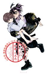 2boys absurdres barefoot black_hair black_jacket black_pants black_shoes blood brown_eyes brown_hair carrying clenched_teeth florian_(pokemon) half-closed_eye hand_up hei_tai_(kyaputen1) highres hood hood_down jacket kieran_(pokemon) long_sleeves male_focus multicolored_hair multiple_boys nintendo off_shoulder pants pokemon pokemon_sv purple_hair shoes short_hair teeth toes two-tone_hair watermark
