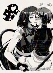 2girls animal_ears bare_arms belle_(zenless_zone_zero) blush closed_eyes closed_mouth commentary earrings fingerless_gloves gloves greyscale hand_on_another&#039;s_shoulder hand_on_another&#039;s_waist heart highres jane_doe_(zenless_zone_zero) jewelry long_hair monochrome mouse_ears mouse_tail multiple_girls muutsurose shirt short_hair skirt sleeveless sleeveless_shirt smile speech_bubble spoken_heart sweatdrop symbol-only_commentary tail thought_bubble tongue tongue_out turtleneck turtleneck_shirt yuri zenless_zone_zero