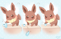 :d :o arrow_(symbol) blue_background bottle brown_eyes brown_fur commentary_request creatures_(company) dropping eevee game_freak gen_1_pokemon mugita_konomi neck_fur nintendo no_humans open_mouth pokemon pokemon_(creature) pokemon_focus smile twitter_username