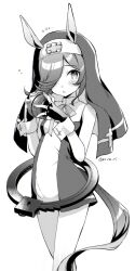 1girl animal_ears blush breasts bridget_(guilty_gear) bridget_(guilty_gear)_(cosplay) cosplay cuffs fingerless_gloves gloves guilty_gear guilty_gear_xx habit hair_over_one_eye handcuffs holding holding_toy horse_ears horse_girl horse_tail iwami_manaka koruri looking_at_viewer medium_breasts medium_hair nun open_mouth rice_shower_(umamusume) tail toy umamusume voice_actor_connection yo-yo