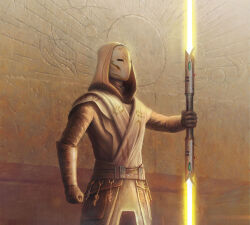 1boy alexandr_elichev clenched_hand double_bladed_lightsaber energy_sword highres holding holding_sword holding_weapon hood lightsaber mask solo standing star_wars sword tunic weapon yellow_lightsaber